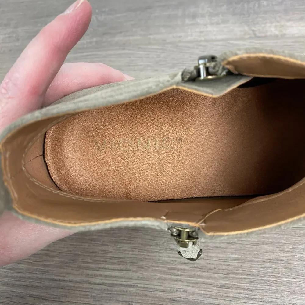 Vionic Stone Tan Gray Suede Cecily Waterproof Block Heel Booties Sz.8.5